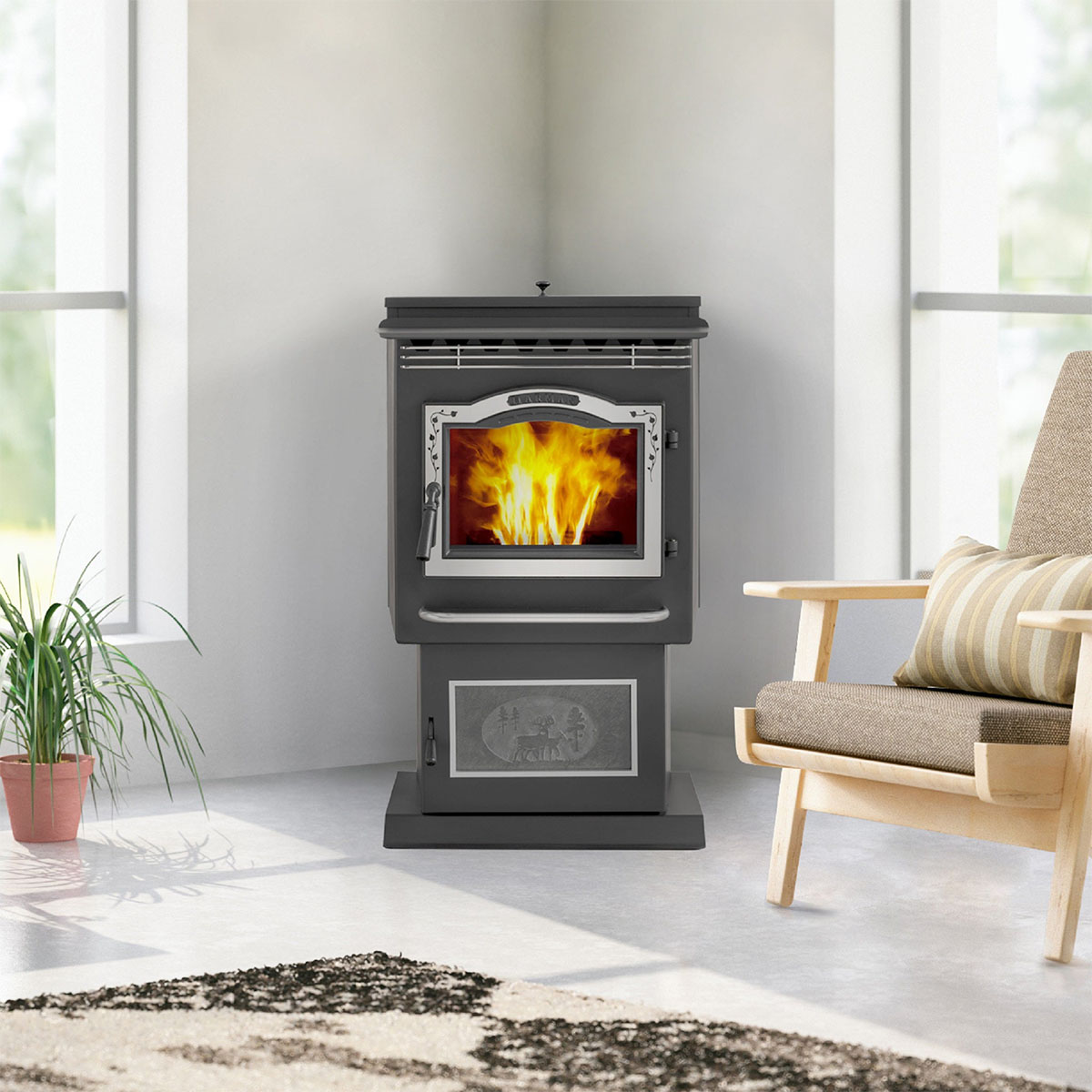 harman p61 pellet stove in a house