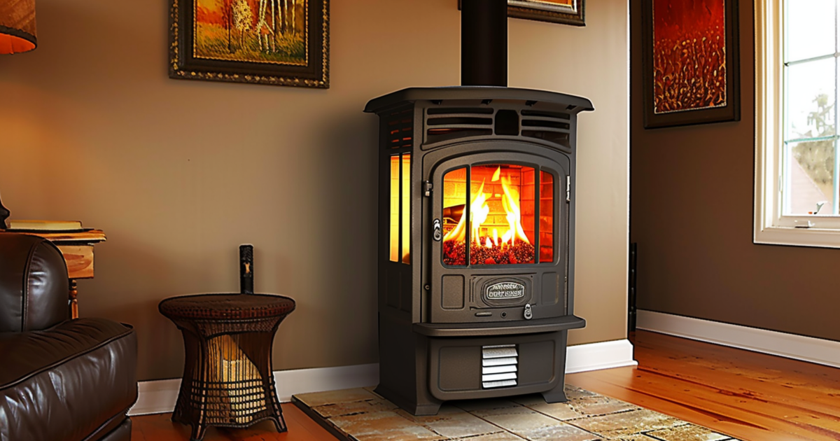 A pellet stove in a living room.