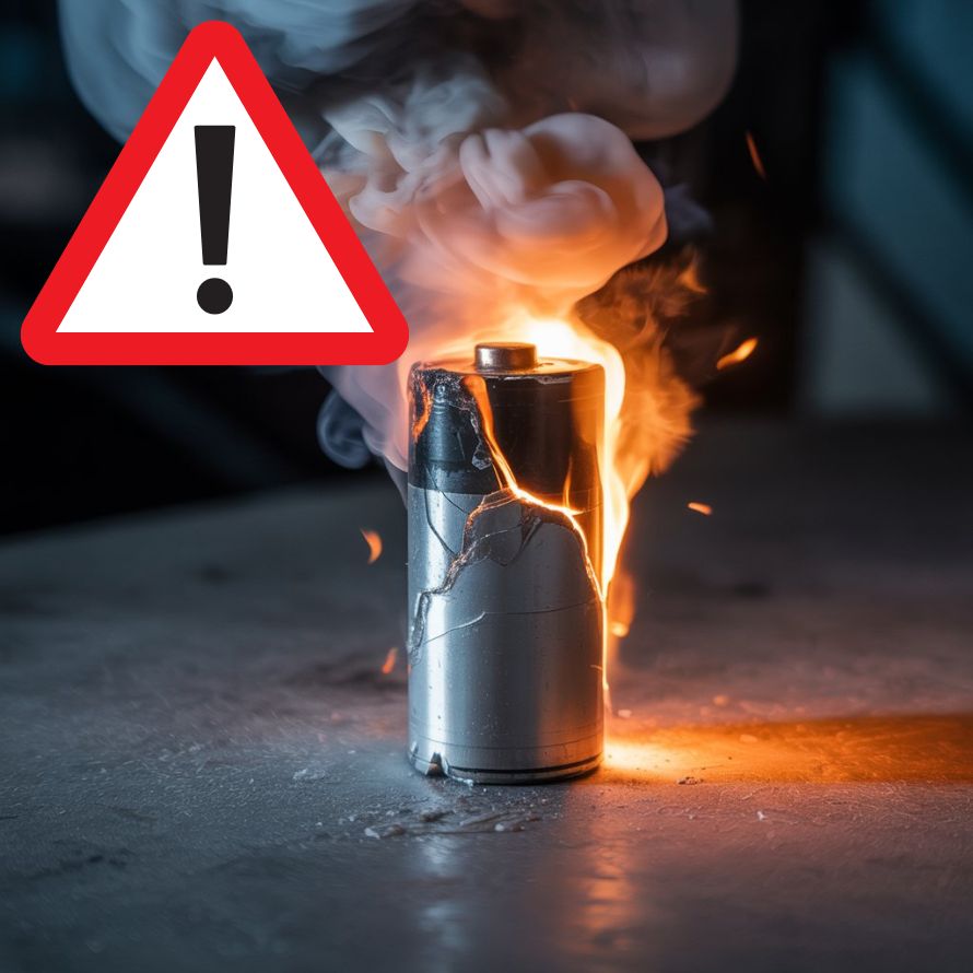 A damaged battery emitting smoke and sparks sits on a surface, with a warning sign featuring an exclamation mark in the top left corner.