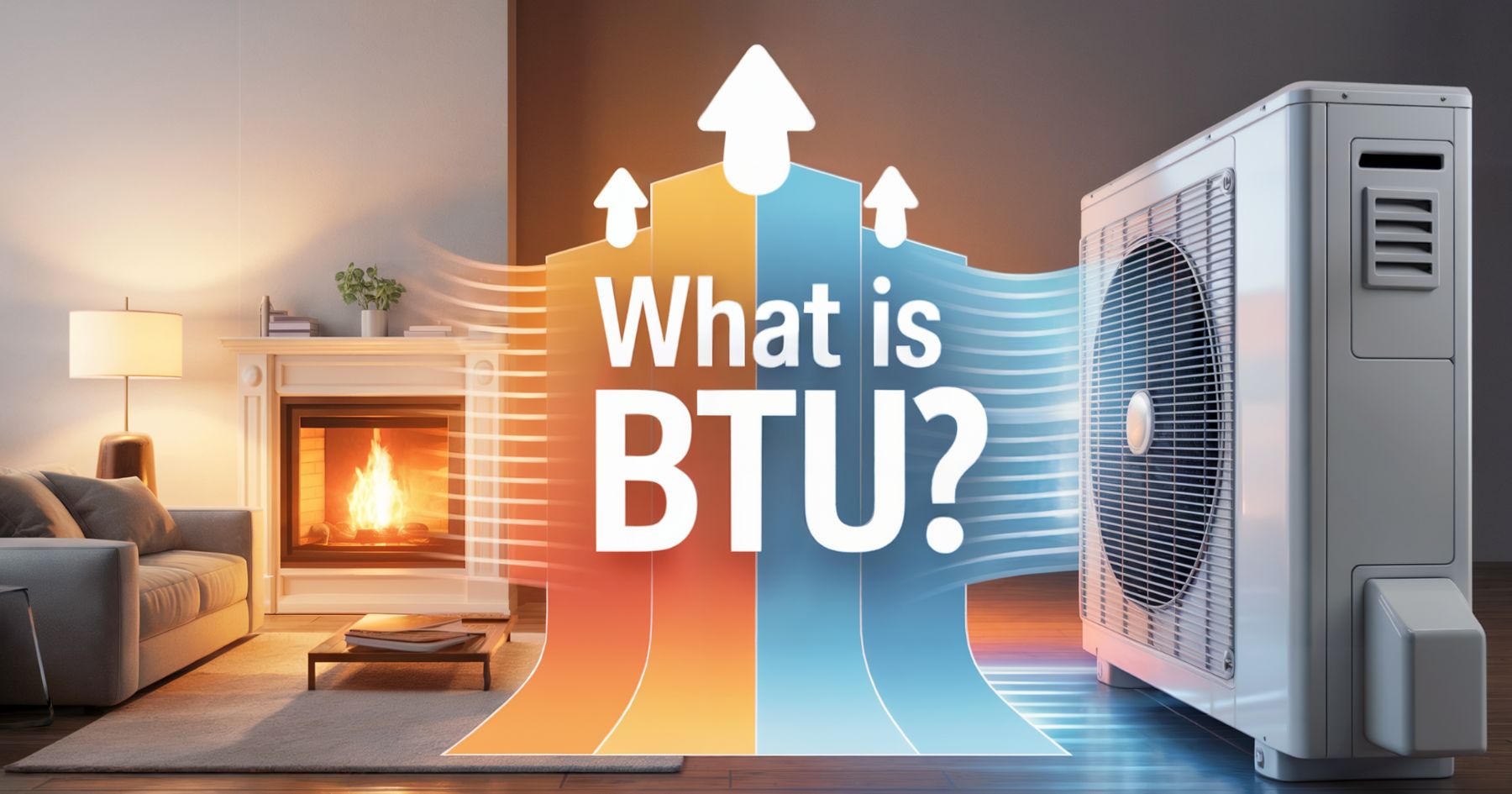 A modern living room with a fireplace on the left and an air conditioning unit on the right, featuring the text “What is BTU?” with colorful arrows and airflow graphics.