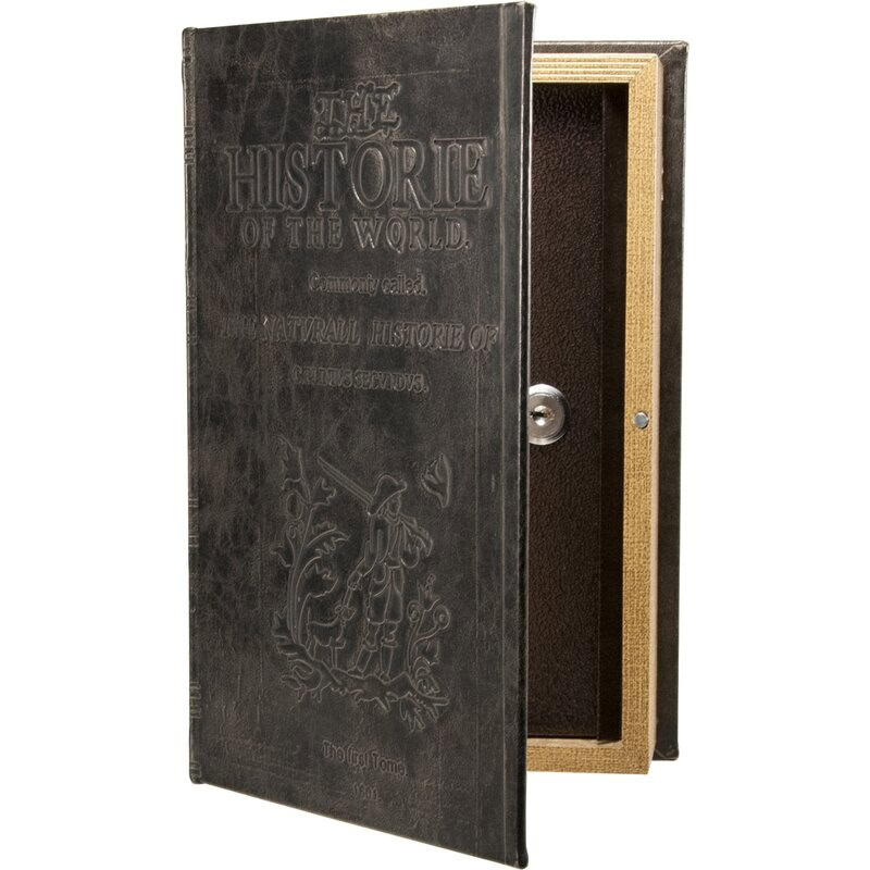 A book-shaped safe with a partially open cover revealing a wooden interior and a lock.