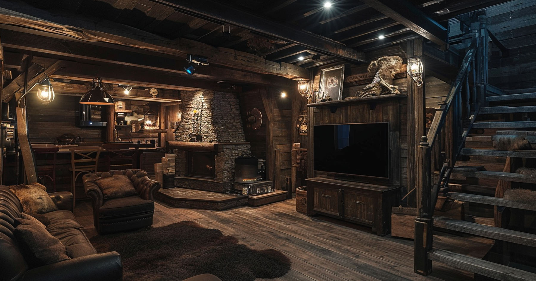 a comfortable basement with a heater