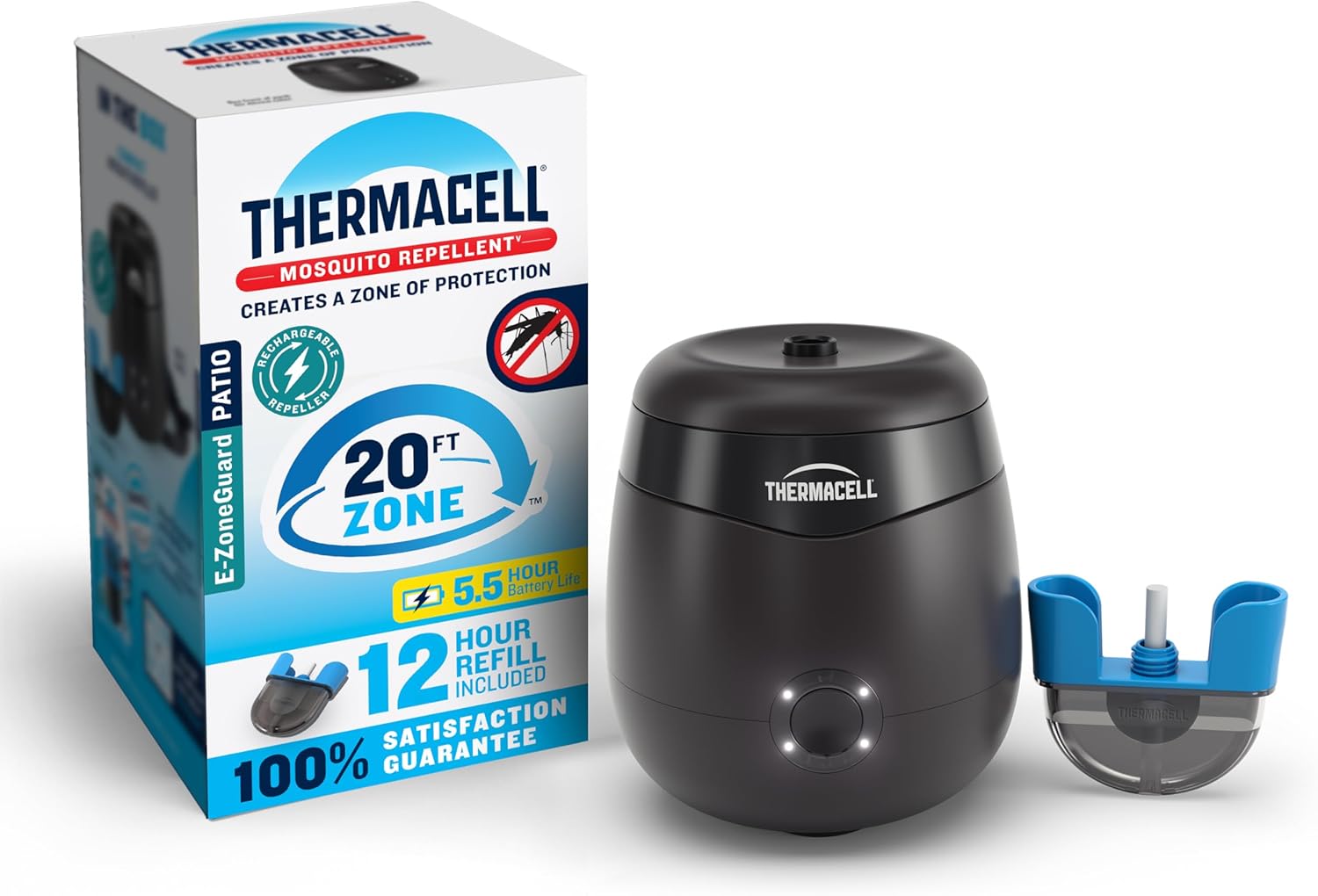 Thermacell mosquito repellent device shown next to its packaging, which highlights a 20-foot protection zone and a 12-hour refill included.
