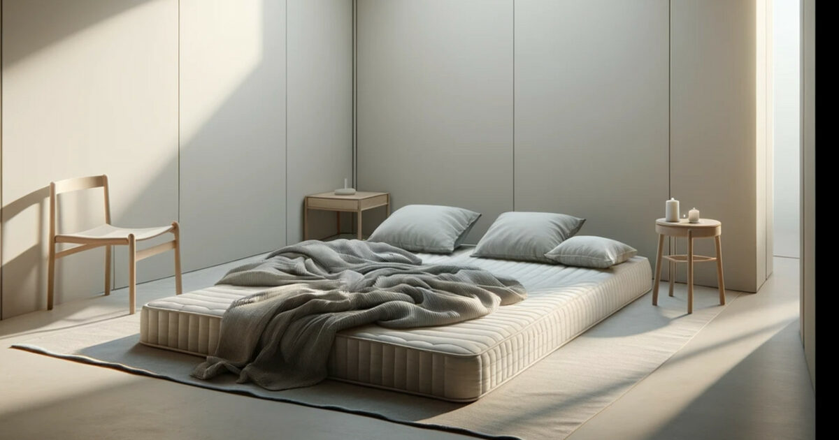 A white bedroom with a bed, chair, and mattress on the floor