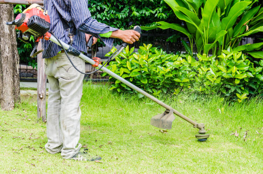 man using straight shaft trimmer