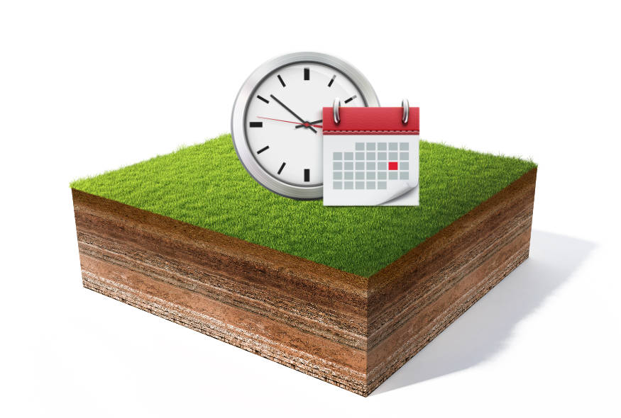 Clock and calendar sitting on lawn