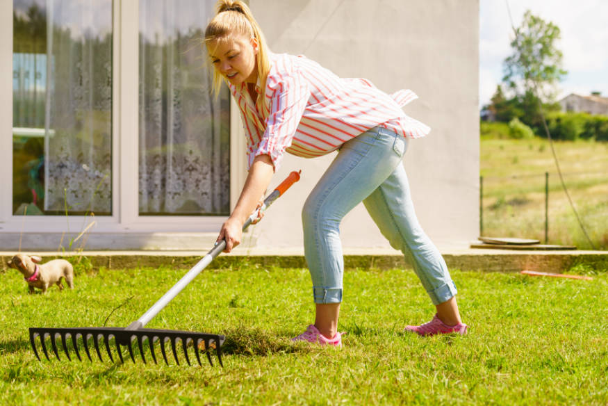 woman raking turf