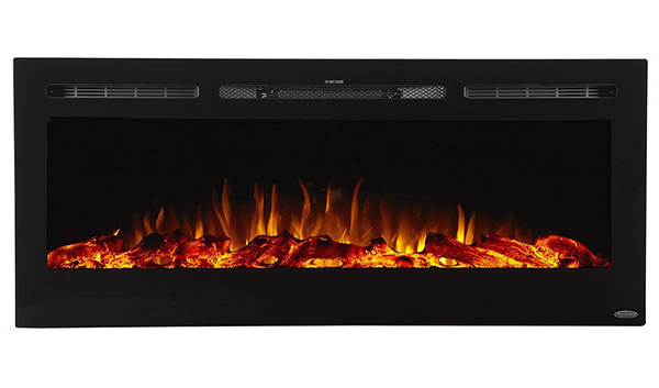 A black electric fireplace with flames.