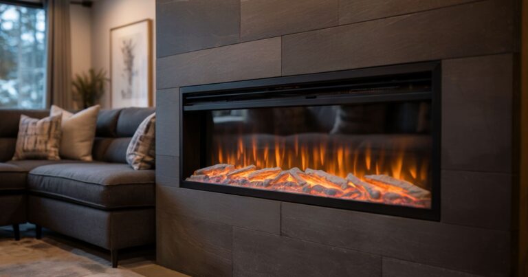 A modern electric fireplace with glowing faux logs set in a dark tiled wall, next to a gray sectional sofa in a living room.