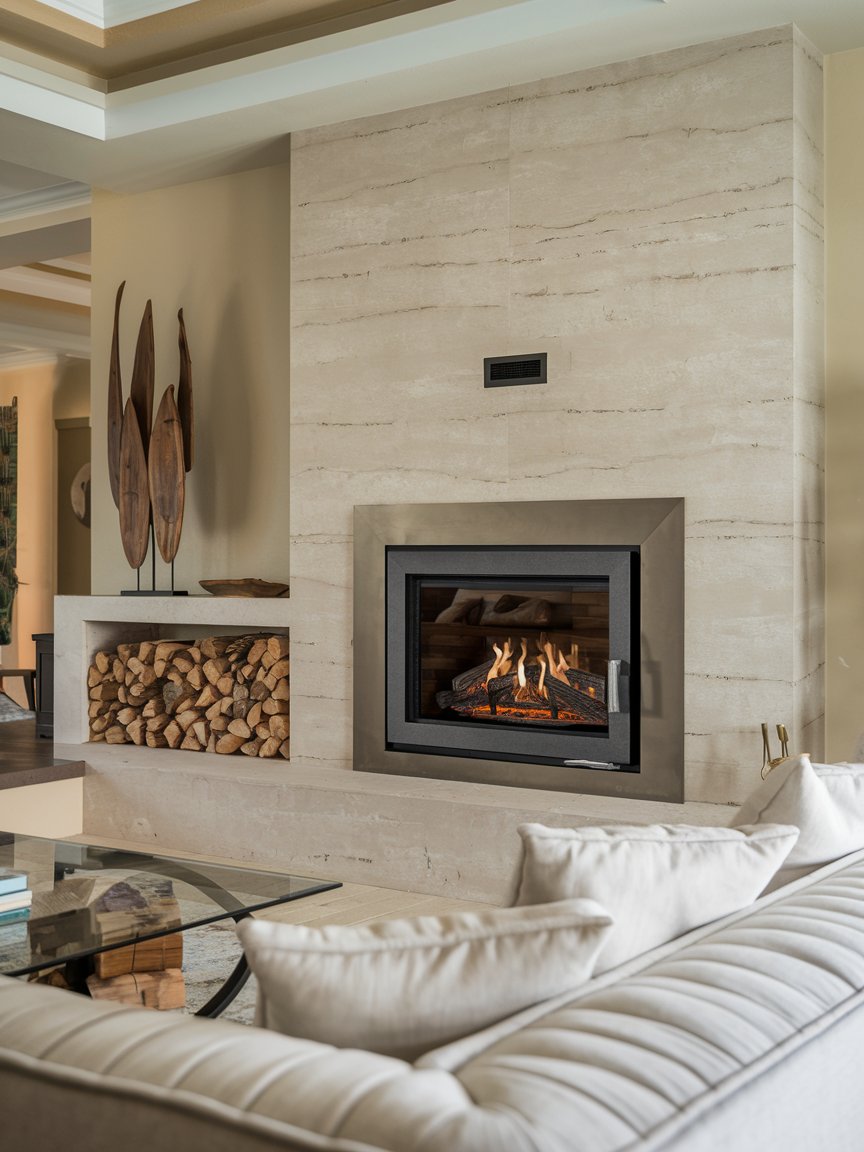 Modern living room with a beige stone fireplace, stacked firewood, and beige sectional sofa. A glass coffee table is in the foreground.