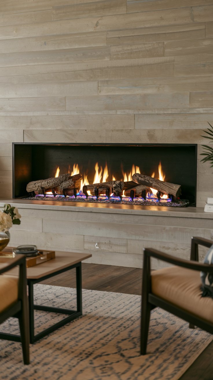 Modern fireplace with realistic logs and flames set in a minimalist living room with neutral tones and comfortable seating.