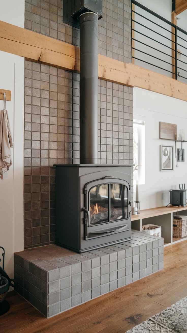 A modern wood-burning stove with a tall chimney pipe is set against a tiled wall in a living room. There are wood beams, framed pictures, and household items in the background.
