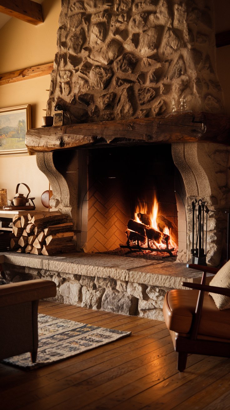 A cozy stone fireplace with a burning fire. Logs are stacked on one side, and a hearth tool set is nearby. A framed painting hangs above the mantel.