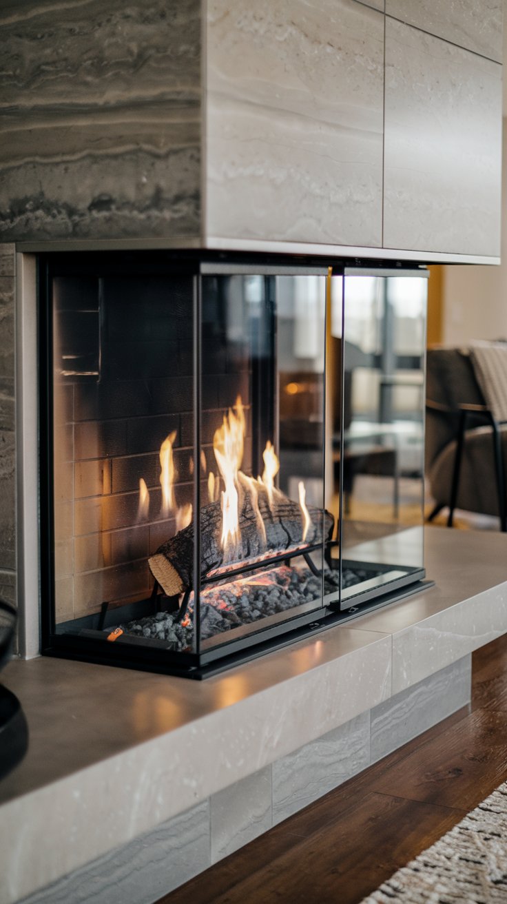 Modern glass-enclosed fireplace with a bright, crackling fire, set in a stylish living room.