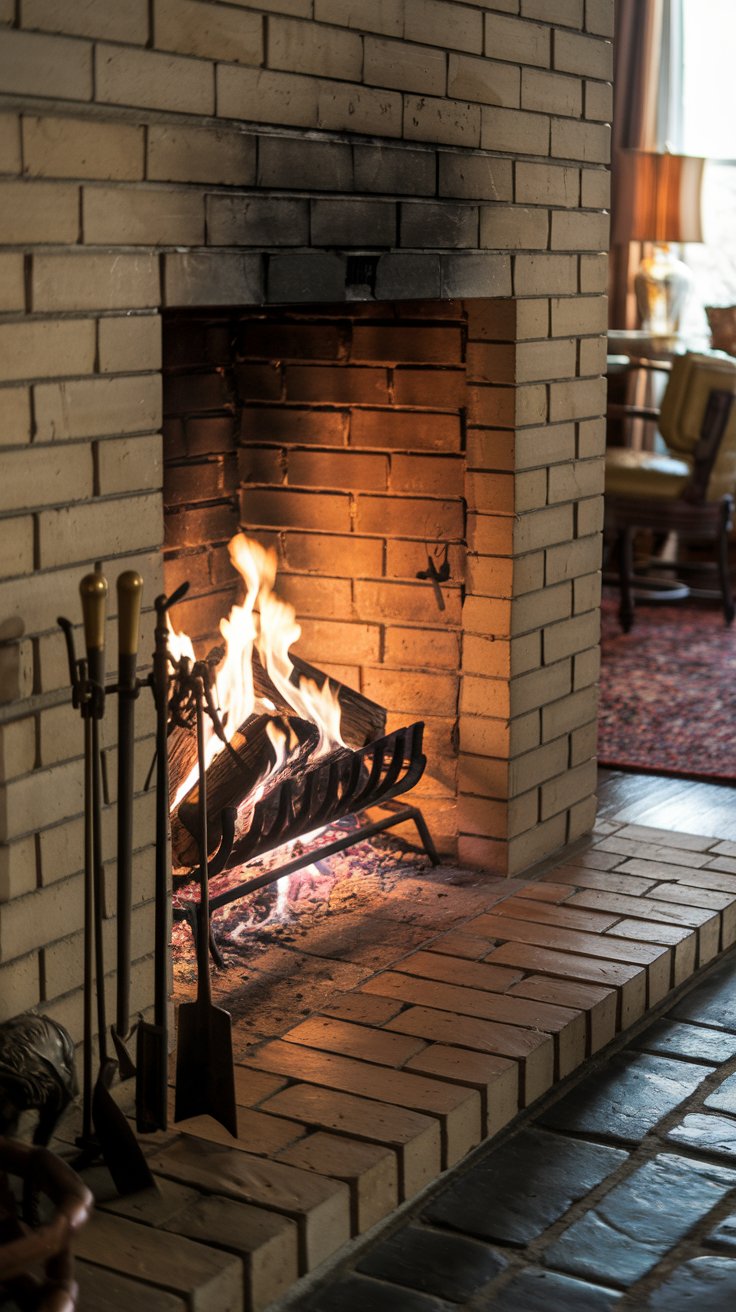 A brick fireplace with a burning fire, featuring a set of fireplace tools nearby and a glimpse of a room with chairs and a rug in the background.