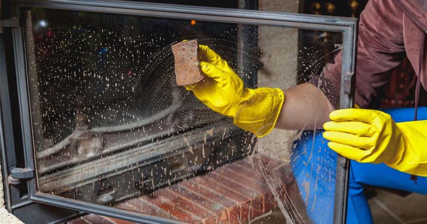 man cleaning fireplace window