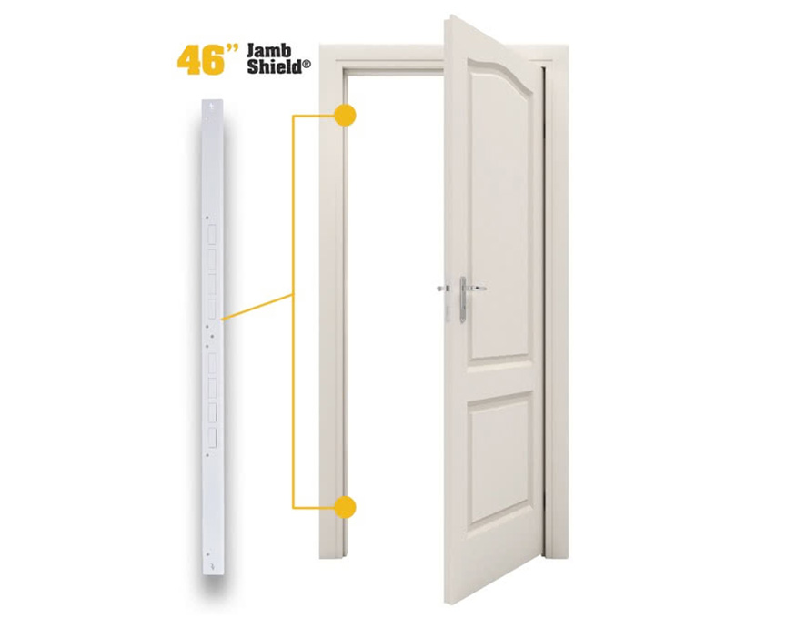 A white door with a secure strike plate and a reinforced door jamb security.