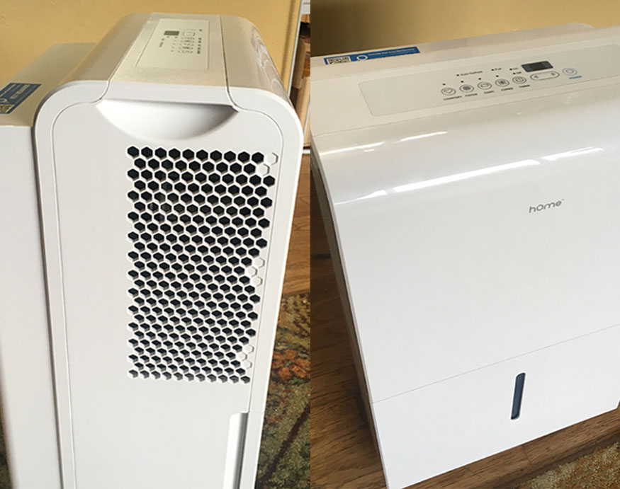 front and side view of h0meLabs 50-Pint Dehumidifier
