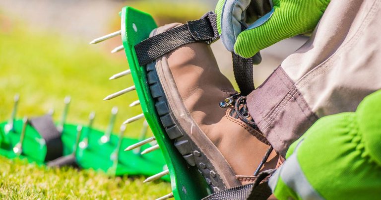 man putting spiked aerator shoes on