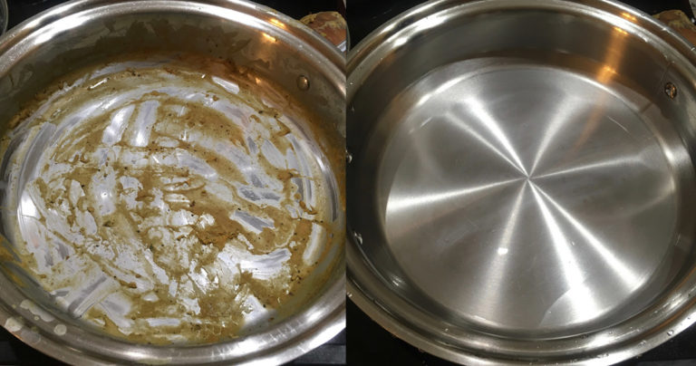 Two pictures of a pot with a brown liquid in it.