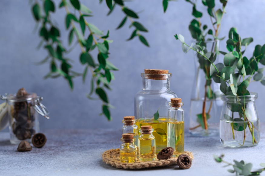 Set of eucalyptus oil bottles on a table