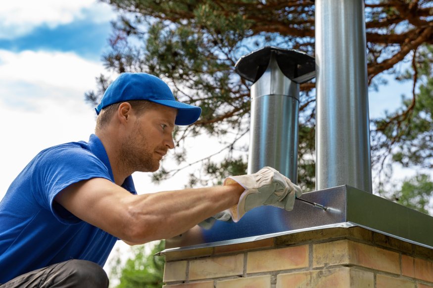 A man working on a brick chimney.