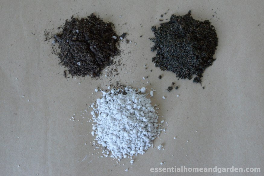 Cactus potting mix, coarse sand, and perlite equally divided on a table.