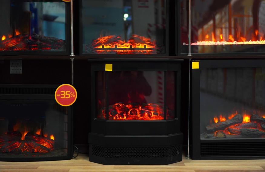 artificial fireplaces in a store
