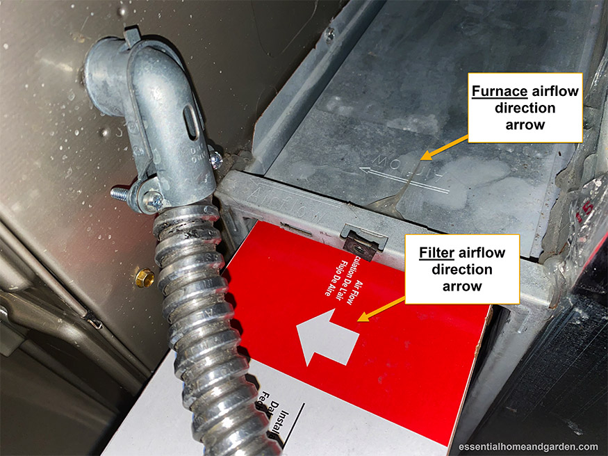 airflow direction arrow on filter and furnace with labels