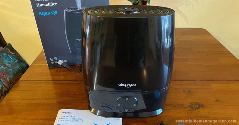 Okaysou Aqua Q6 humidifier and its packaging, manual, remote, and filter on a table