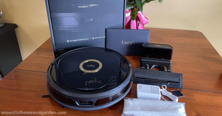 Trifo Lucy Pet Robotic Vacuum and its inclusions on a table