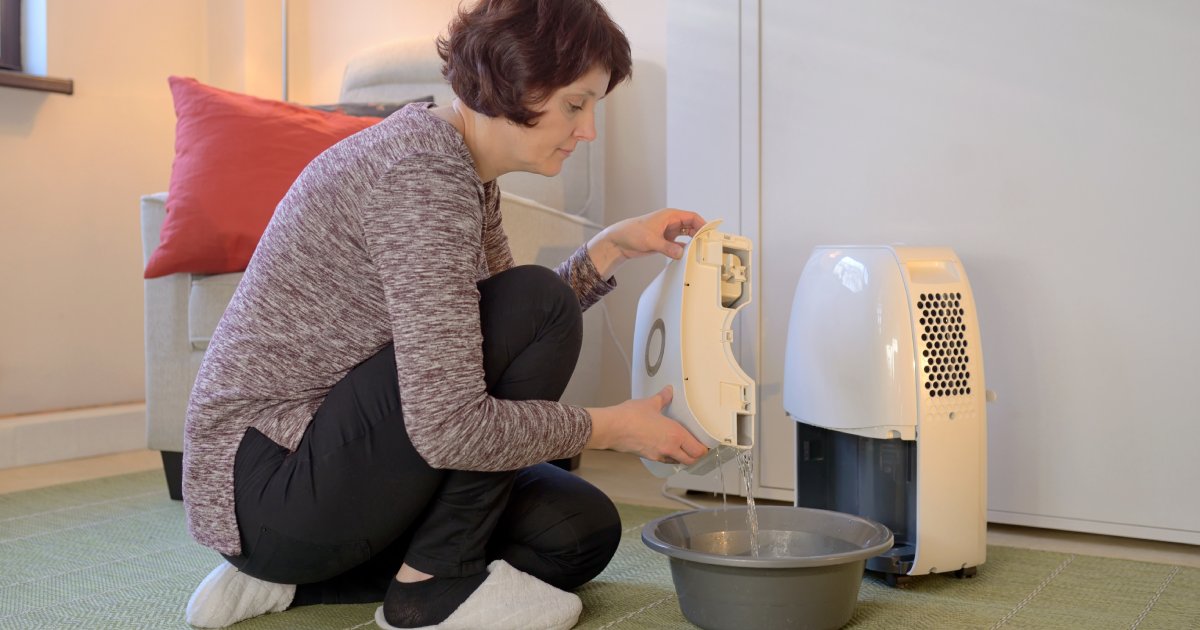 woman collecting water from the dehumidifier