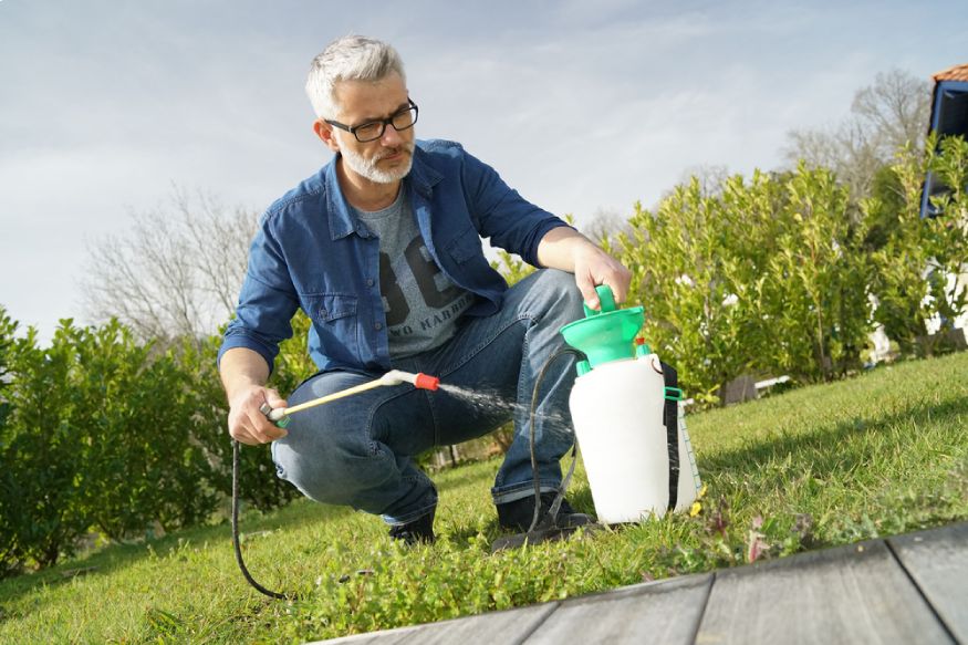 a gardener spraying a liquid pre emergent weed killer