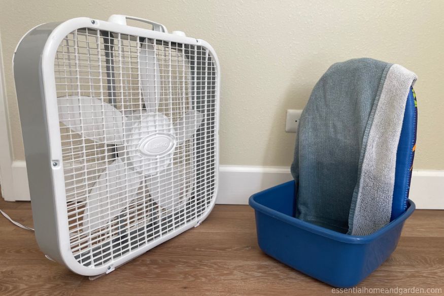 DIY wick humidifier using fan, shirt, and basin