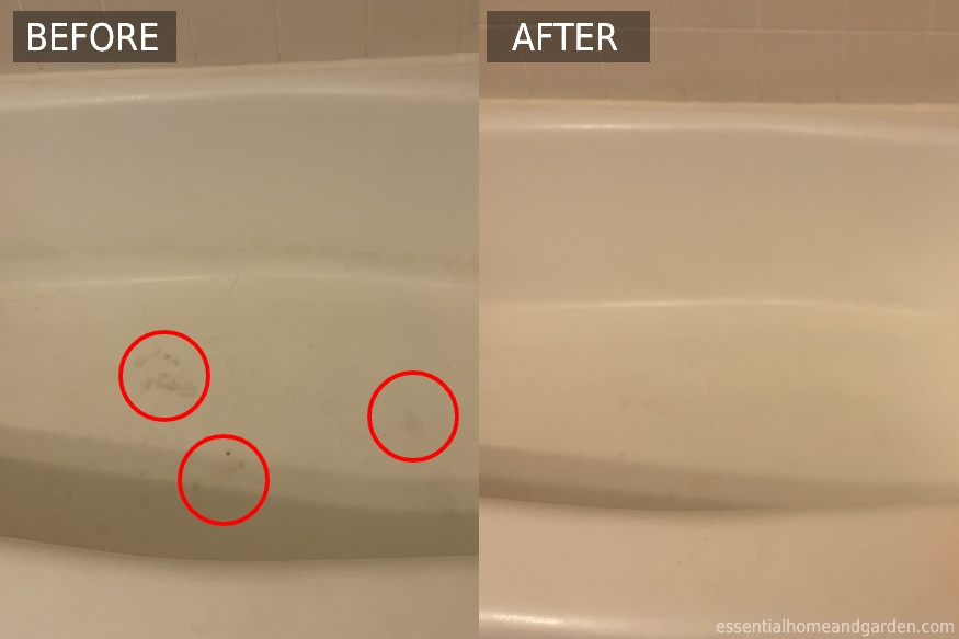 before and after using Truly Free Home’s Oxyboost on a bathtub
