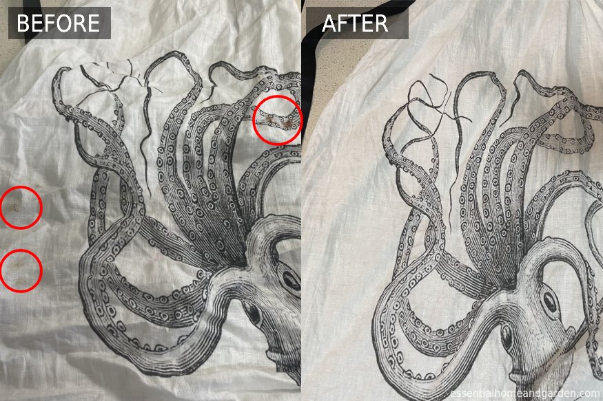 before and after photo showing stains were removed from the white dress