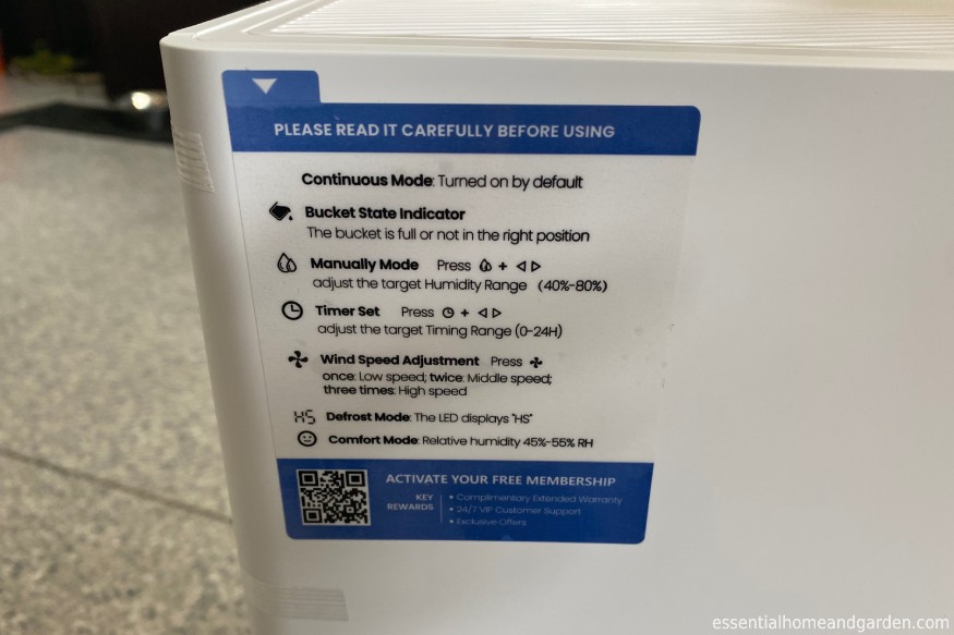 instruction label of the DryTank Dehumidifier