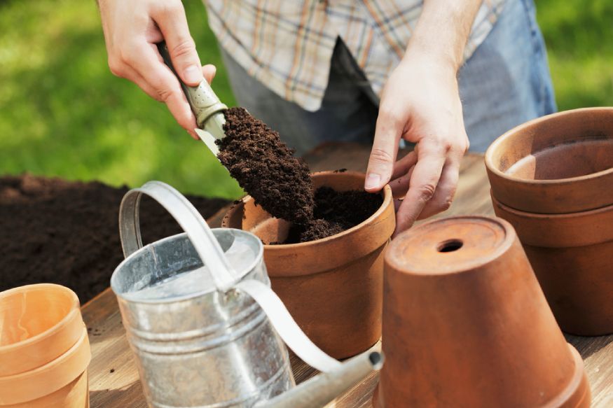 woman adding soil mix in an unglazed clay pot