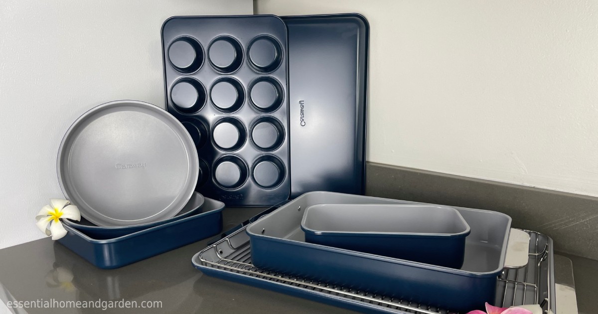 Caraway Home Bakeware Set on a counter top
