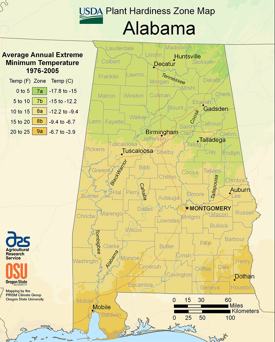 Alabama USDA plant hardiness zones
