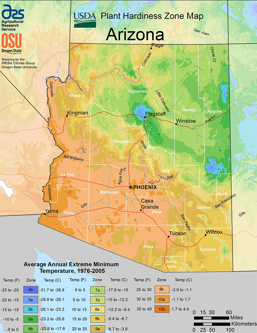 Arizona USDA plant hardiness zone map