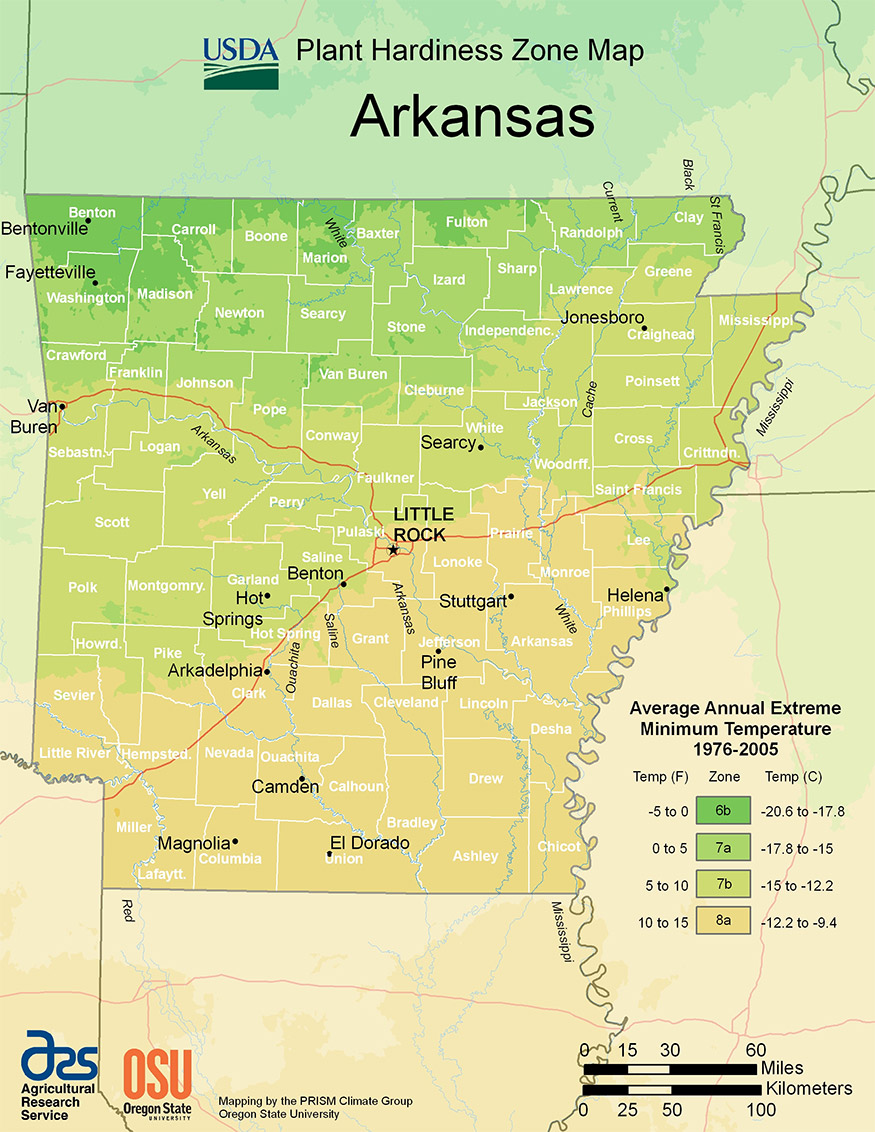 Arkansas USDA hardiness zone map