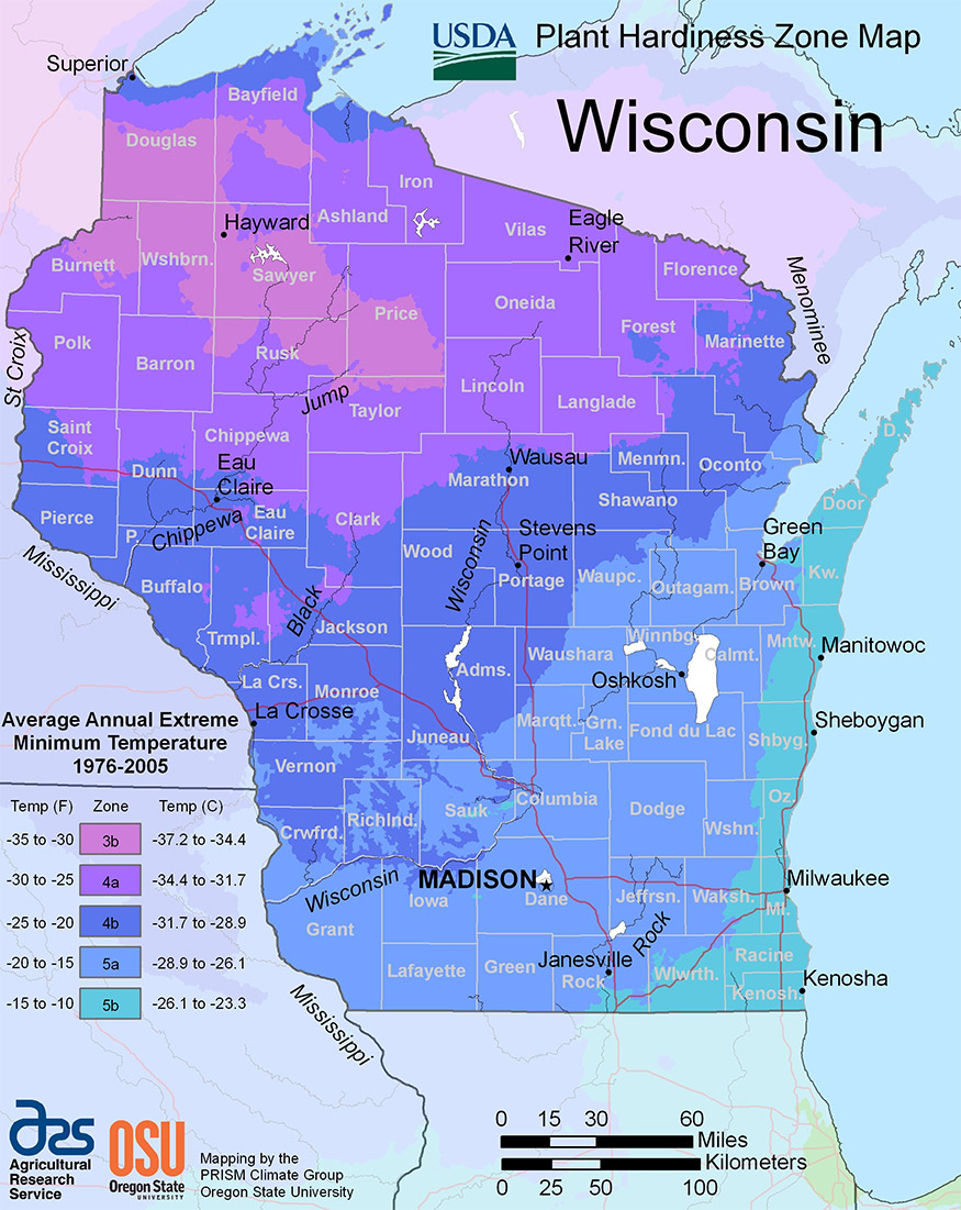Wisconsin USDA hardiness zone map
