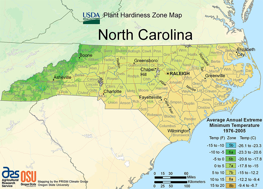 north carolina USDA hardiness zone map