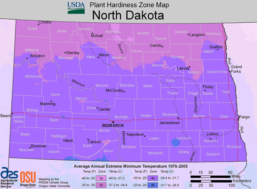 North Dakota USDA hardiness zone map