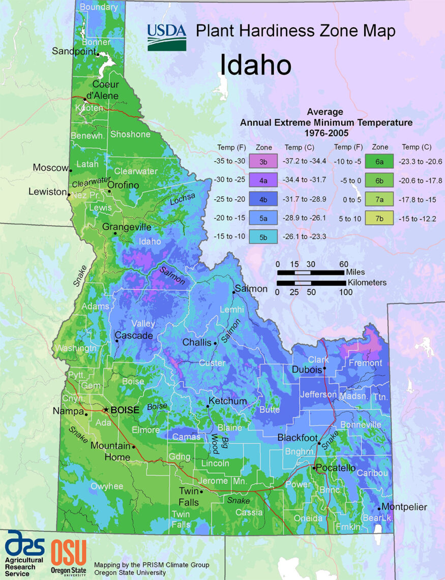 Idaho USDA hardiness zone map