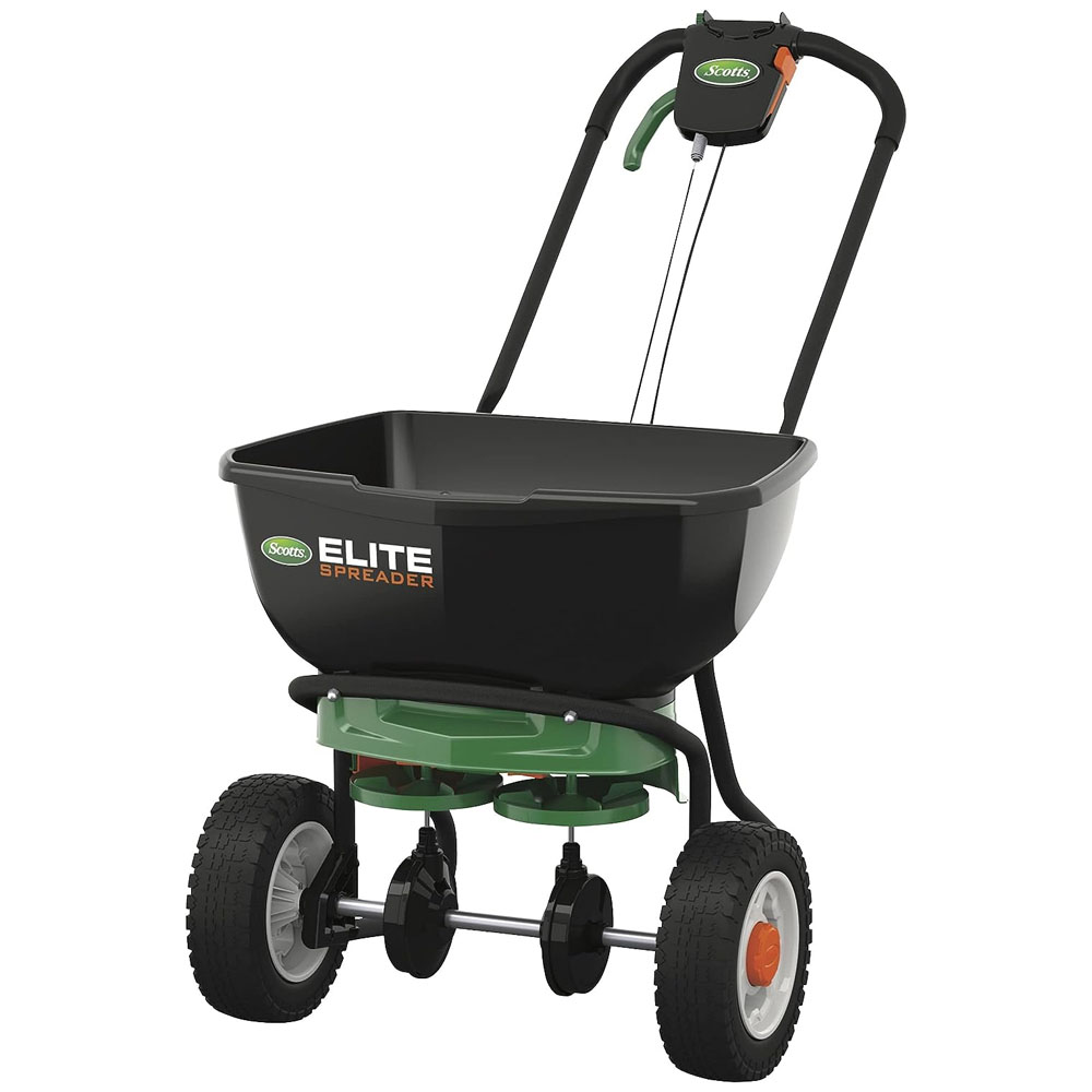 Scotts elite spreader with wheels on a white background.