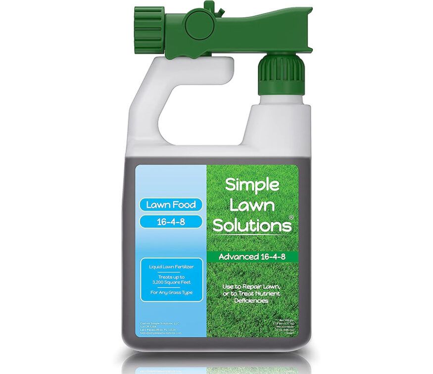 A bottle of simple lawn solutions on a white background.