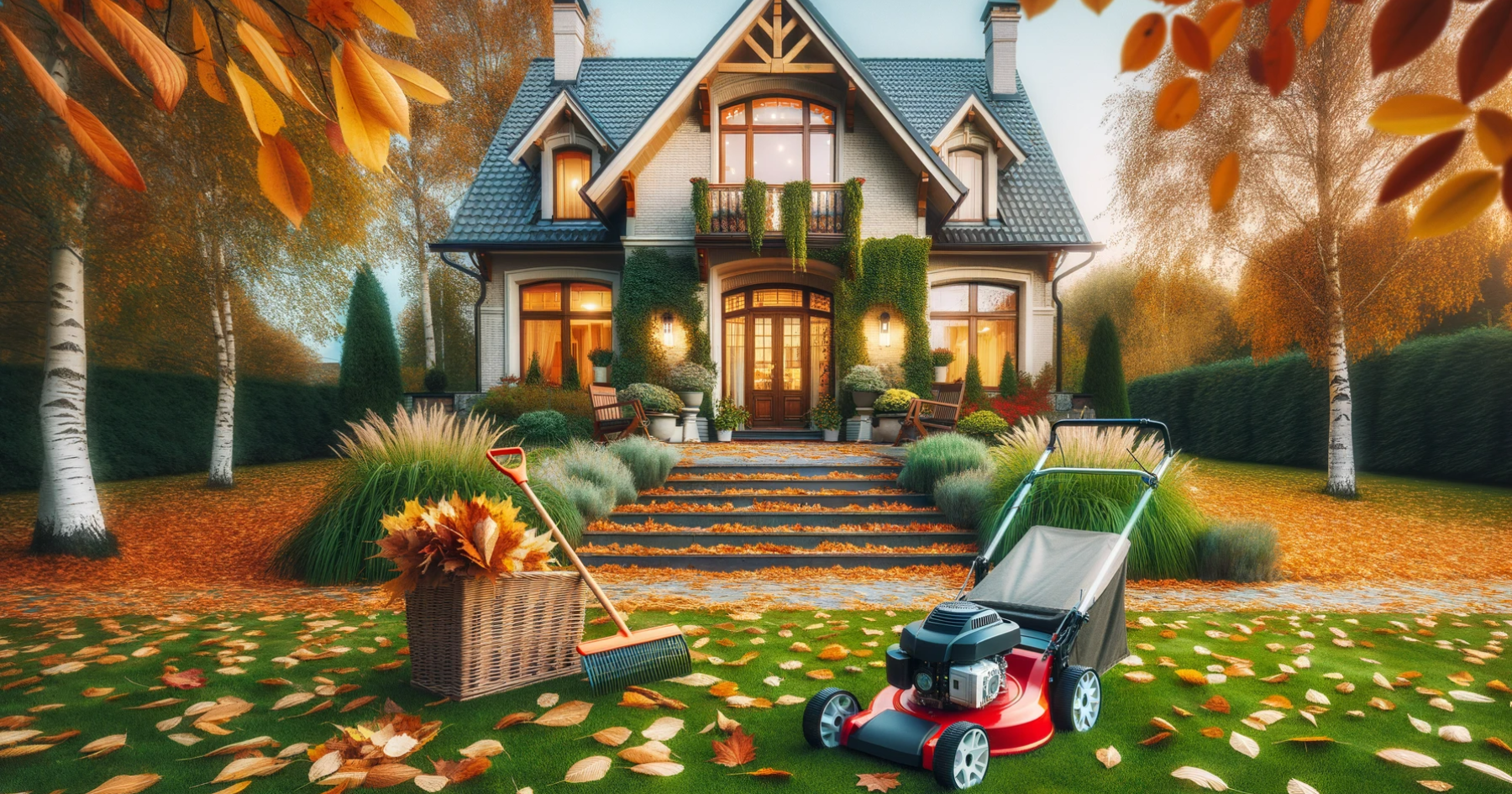 A lawn mower in front of a house with autumn leaves.