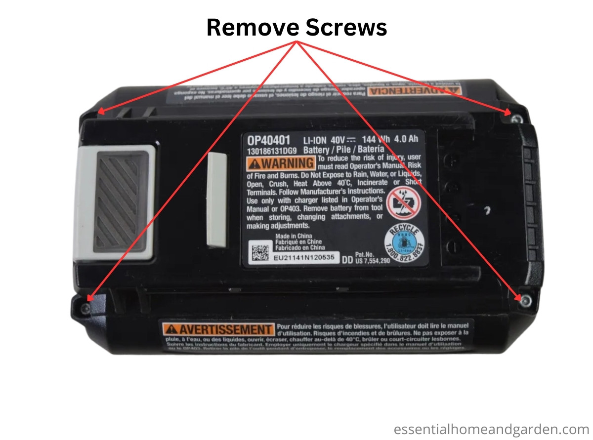A diagram showing how to remove screws from a ryobi 40v battery.
